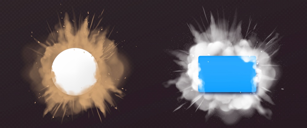 Dust explosions with rectangle and round banner. Splashes of brown and white powder isolated on transparent background. Vector realistic clouds of sand and snow, burst effect with copy space for text. Vector dust and powder explotion with banner