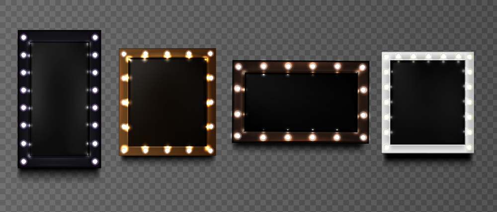 Square frames with light bulbs on black board isolated on transparent background. Vector realistic mockup of rectangular makeup mirror with golden, silver, black and brown borders. Square shapes frames with light bulbs