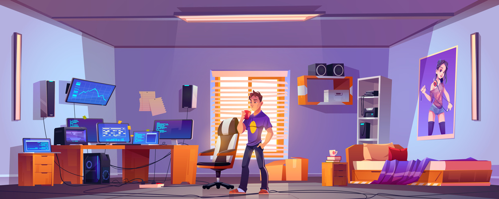 Teenager drinks coffee in bedroom with workspace with computer monitors on desk, chair and printer on shelf. Vector cartoon interior room of gamer, programmer or hacker. Programmer or hacker in bedroom with computer