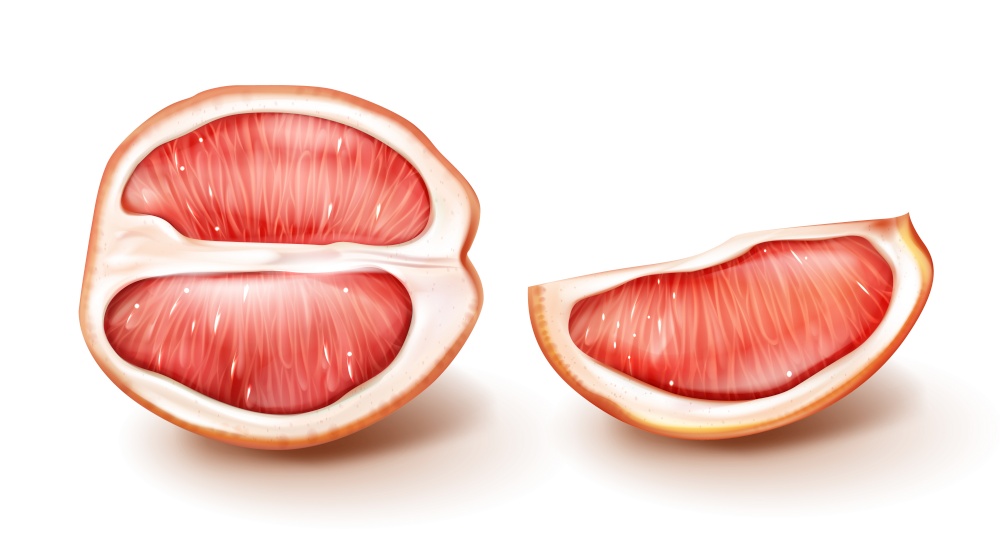 Half and slice of red grapefruit isolated on white background. Vector realistic illustration of pink citrus, parts of fresh ripe orange. Summer tropical juicy fruits. Vector half and slice of red grapefruit