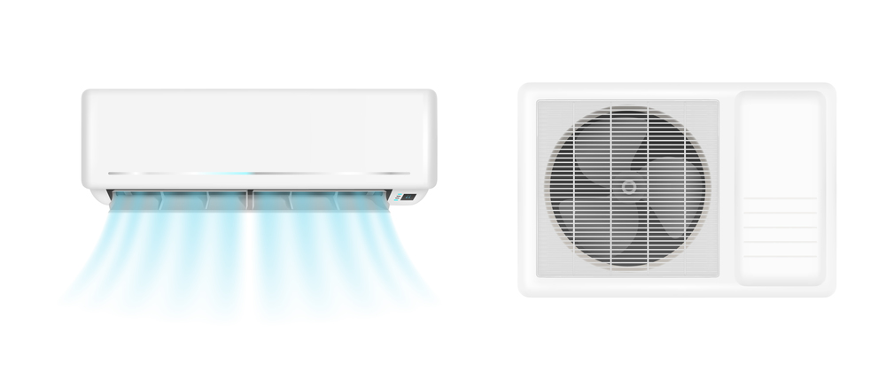 Air conditioner handing on wall and conditioning ventilator on window. Vector realistic mockup of split system for climate control with cold wind flows. Aircon isolated on white background. Vector air conditioner with cold wind