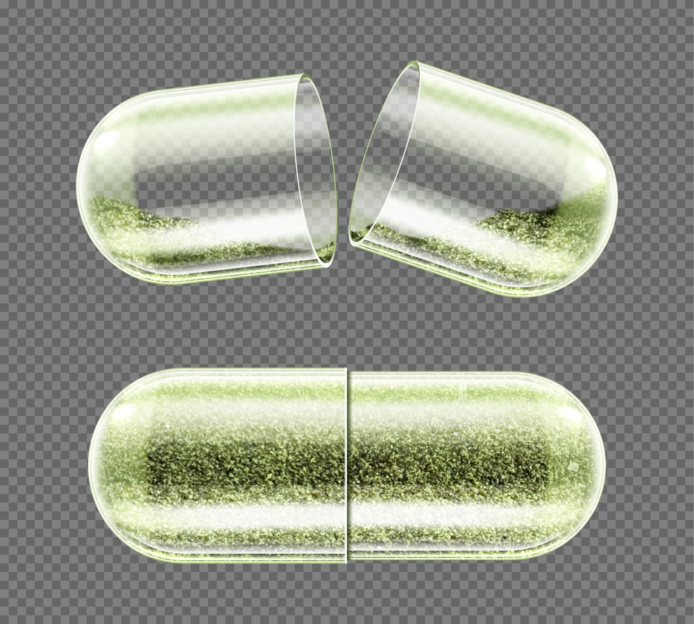 Herb capsule, nutritional supplement, powder pills close and open. Herbal medicine, pharmaceutical natural remedy, organic drug isolated on transparent background. Realistic 3d vector illustration. Herb capsule, nutritional supplement, powder pills