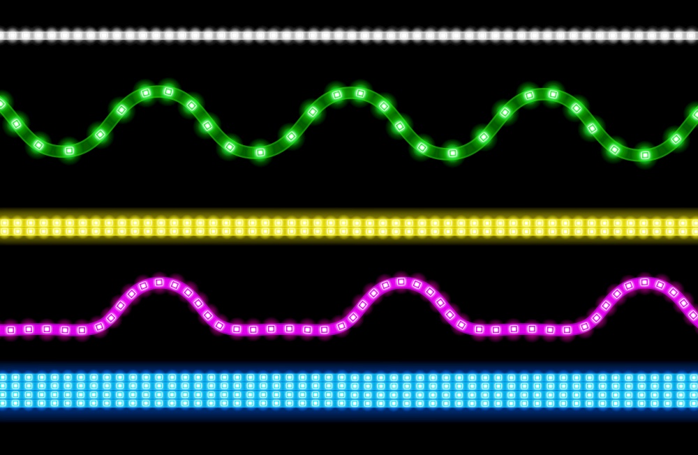 Led strips with neon light effect isolated on transparent background. Vector realistic set of colored light stripes and wavy glowing tape with pink, green, blue and white lamp and diode bulbes. Vector set of led strips with neon light effect