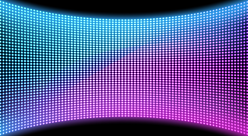 LED video wall screen texture background, blue and purple color light diode dot grid concave tv panel, lcd display with pixels pattern, television digital monitor, Realistic 3d vector illustration. LED video wall screen texture background, display