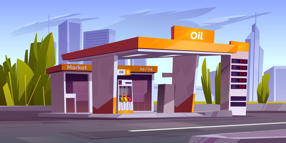 Gas station with oil pump, market and prices display. Vector cartoon cityscape with empty fuel filling station for cars on town road. Modern service for refill petrol, diesel or gas. Gas station with oil pump and market in city