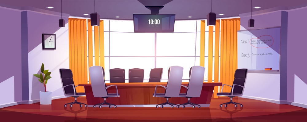 Conference room for business meetings, presentation for team, discussion or training. Vector cartoon interior of empty boardroom in company office with table, chairs, screen and board. Conference room for business meetings