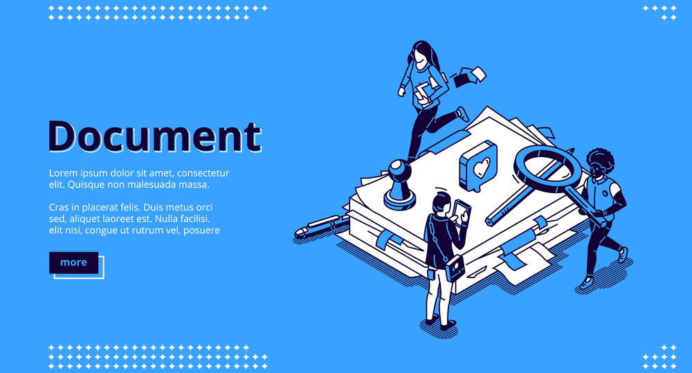 Work with documents, bureaucracy isometric landing page, tiny business people around of huge office paper docs pile with stamp and stationery. Routine, big data paperwork 3d vector line art web banner. Work with documents, bureaucracy isometric landing