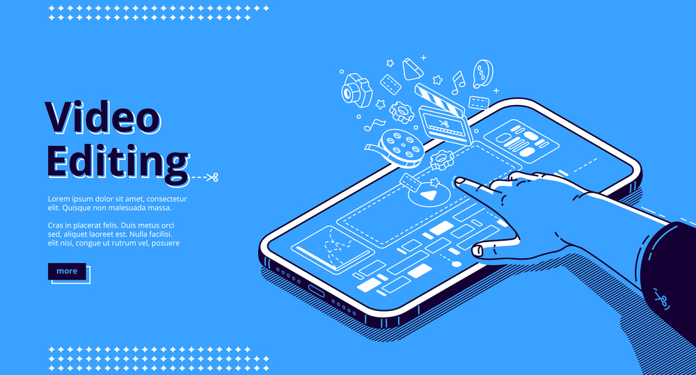 Video editing banner. Film production, software for montage movie, mobile application for edit media content. Vector landing page with isometric illustration of smartphone with app and hand. Vector banner of video editing software