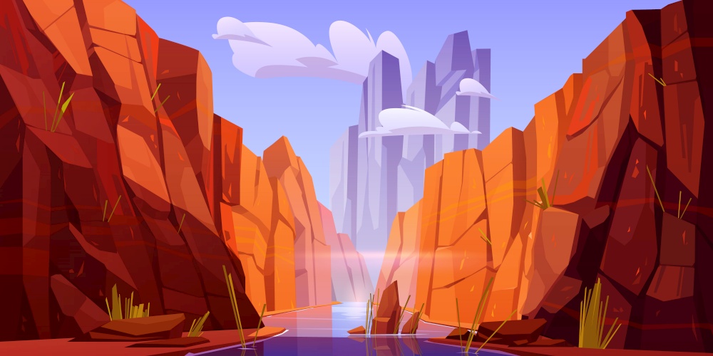 Grand Canyon with river on bottom, national park of Arizona state on Colorado stream. Red sandstone mountains, horizon with sand rocks and sky, nature landscape background, Cartoon vector illustration. Grand Canyon with river on bottom, park of Arizona