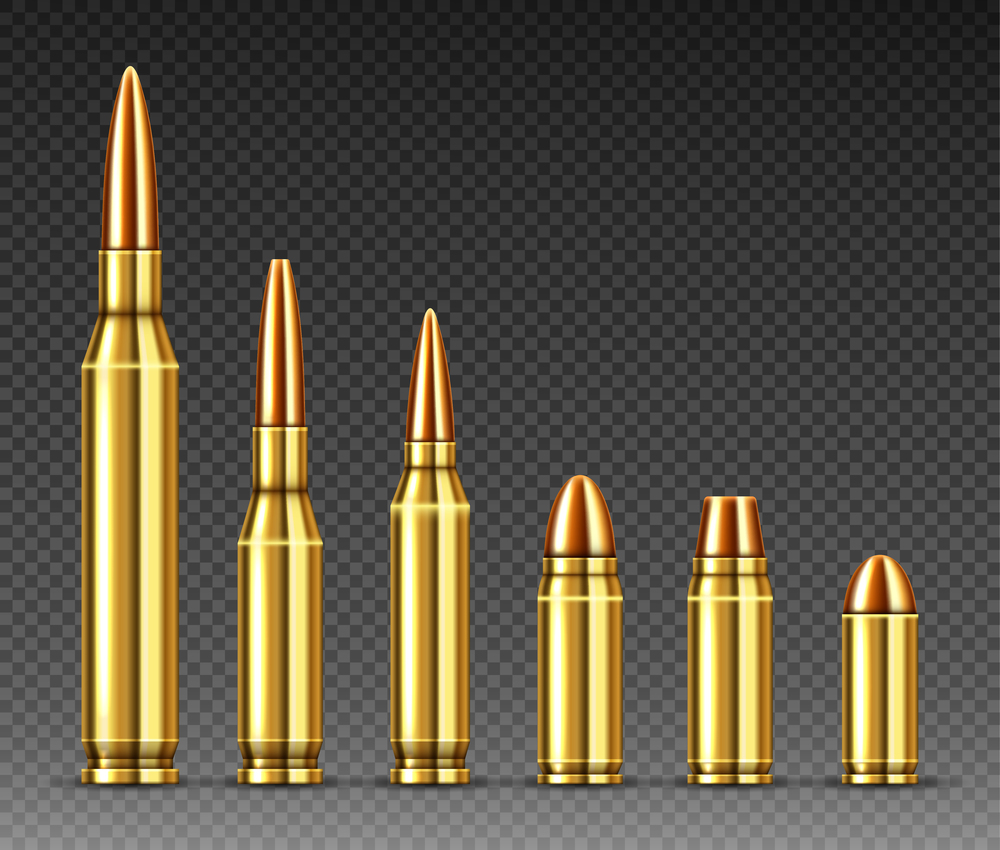 Bullets of different calibers stand in row from big to small. Copper or gold colored shots, military handgun ammo weapon metal gunshots isolated on transparent background, realistic 3d vector set. Bullets of different calibers stand in row, ammo