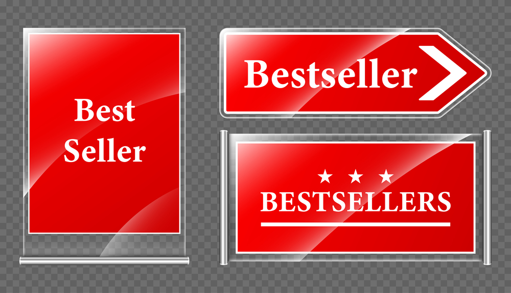 Best seller offer signboards and pointer, red paper or plastic sheet inside of transparent acrylic plexiglass cover, isolated elements for web design or library Realistic 3d vector illustration, icons. Best seller offer signboards and pointer icons set