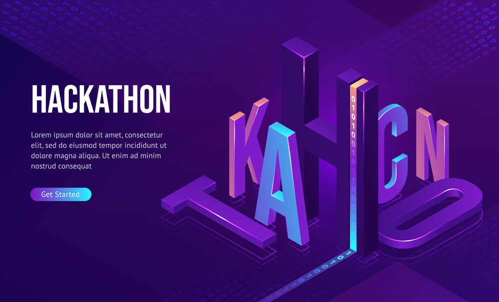 Hackathon isometric landing page. 3d typography with binary code on purple neon colored background. Computer software development, coding, adaptive layout, work with data concept, vector web banner. Hackathon isometric landing, software development