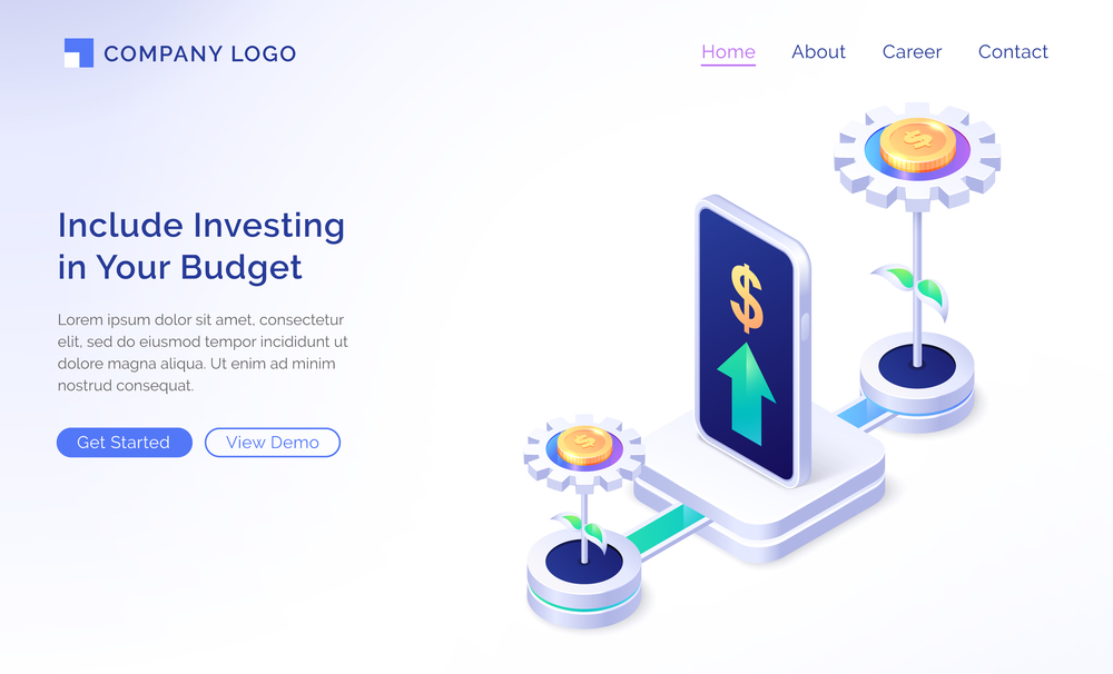 Financial budget planning isometric landing page. Mobile phone investment application with growing money trees and arrow rising up. Invest strategy plan, finance analytic, app, 3d vector web banner. Financial budget planning isometric landing page