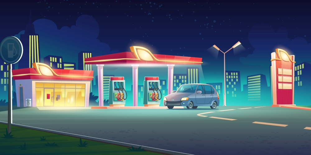 Gas station with oil pump, market and prices display at night. Vector cartoon cityscape with car on fuel filling station on town road. Modern service for refill petrol, diesel or gas. Gas station with oil pump and market at night