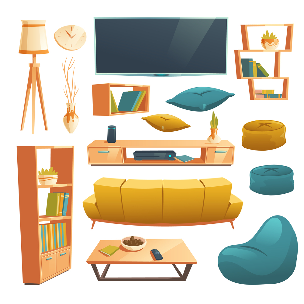 Living room interior set with sofa, pear chair, bookshelves and tv. Vector cartoon furniture collection for house, modern decor, floor lamp and rear view of couch isolated on white background. Vector set of cartoon furniture for living room