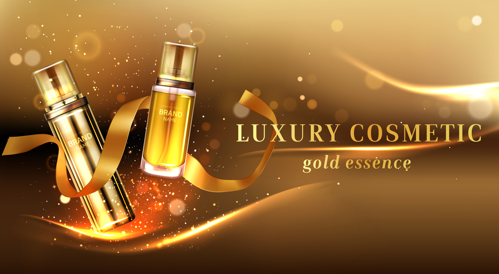 Luxury cosmetic products with golden glitter and ribbon. Vector realistic brand poster with skincare gel, cream, perfume or makeup cosmetics in glass bottles. Promo banner, advertising background. Luxury cosmetic products with golden glitter