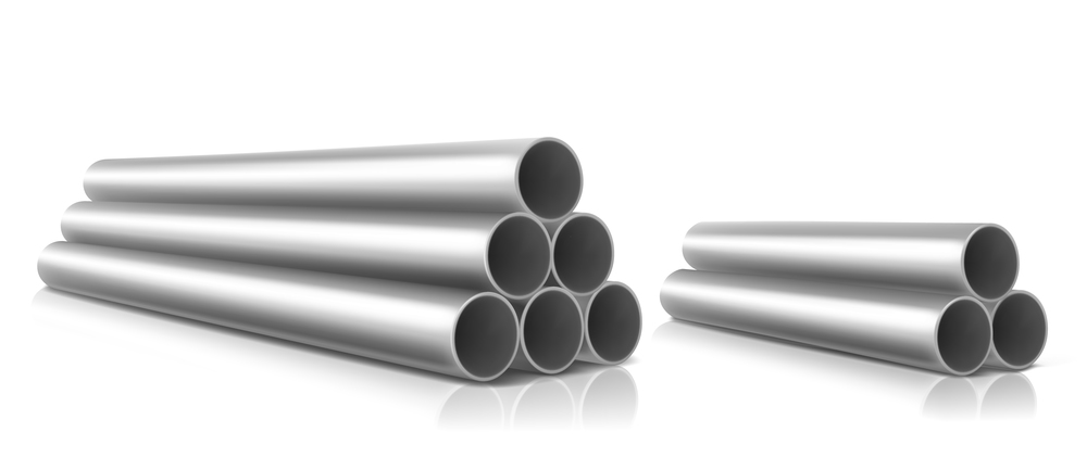 Stack of steel pipes isolated on white background. Vector realistic set of straight metal or pvc plumbing cylinders. Industrial pieces of pipelines for conduit, factory or construction. Stack of steel pipes isolated on white background