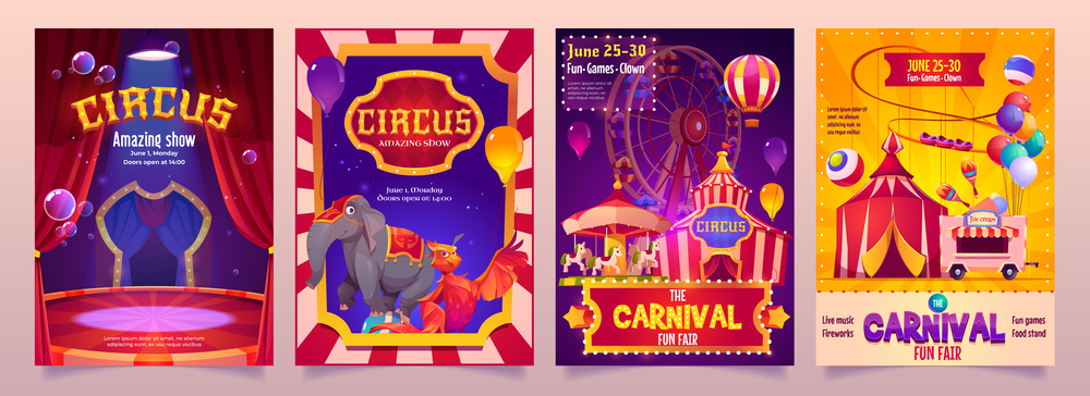 Circus show banners, big top tent carnival entertainment with elephant, phoenix on stage, ice cream booth and carousel. Invitation flyers, tickets to funfair amusement park, cartoon vector posters set. Circus show banners, big top tent carnival flyers