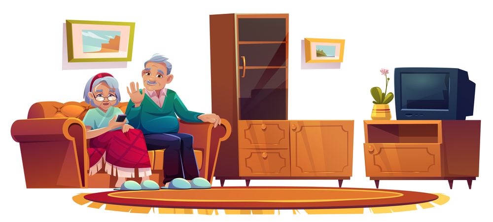 Old people in room in nursing home. Elderly woman calling on mobile phone. Vector cartoon illustration of living room interior in house for retired with sofa, cupboard and tv. Old people in room in nursing home