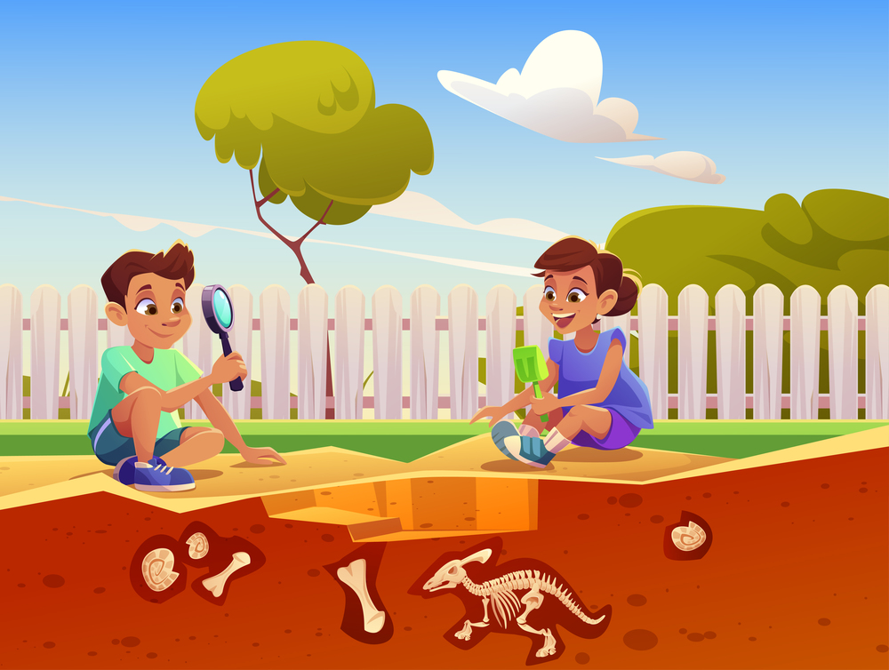 Boy and girl playing in game about excavation fossil dinosaurs in sandbox. Vector cartoon illustration with kids discover buried skeletons and shells in sand on backyard. Kids playing in game with fossil dinosaurs