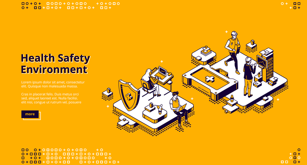 Hse, health safety environment isometric landing page. Business people characters working in office. Healthcare environmental protection and safe work conditions concept, 3d vector line art web banner. Hse, health safety environment isometric landing