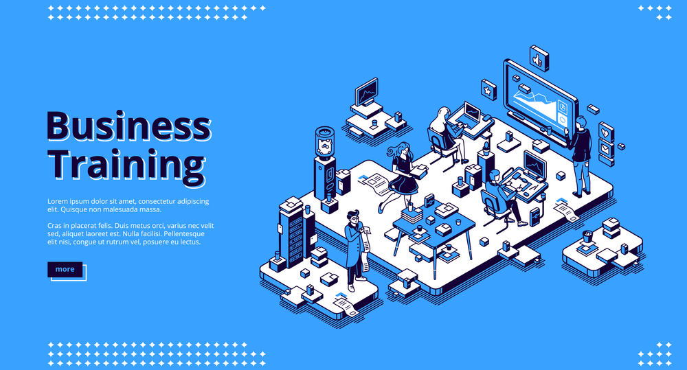 Business training banner. Conference, seminar and lecture for team education. Vector landing page of professional learning in company with isometric people and teacher in office. Vector landing page of business education