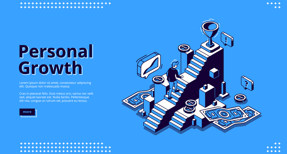 Personal growth banner. Concept of self build career, development, professional progress. Vector landing page of goal achievement with isometric man rises up on steps. Vector landing page of personal growth