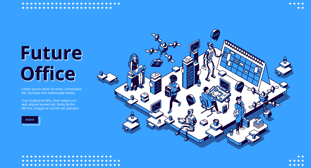 Future office isometric landing page. Human and ai robots work together. Robotic employees with people in futuristic workplace. Cyborgs automation artificial intelligence 3d vector line art web banner. Future office isometric landing, human and robots