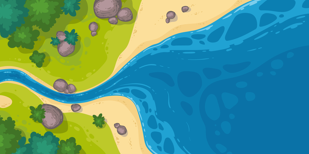 River flow into sea or pond top view, cartoon narrow riverbed going to wide water with rocks, grass and bushes on coastline. Summer landscape, beautiful valley, scenic stream, vector illustration. River flow into sea or pond top view scenic stream