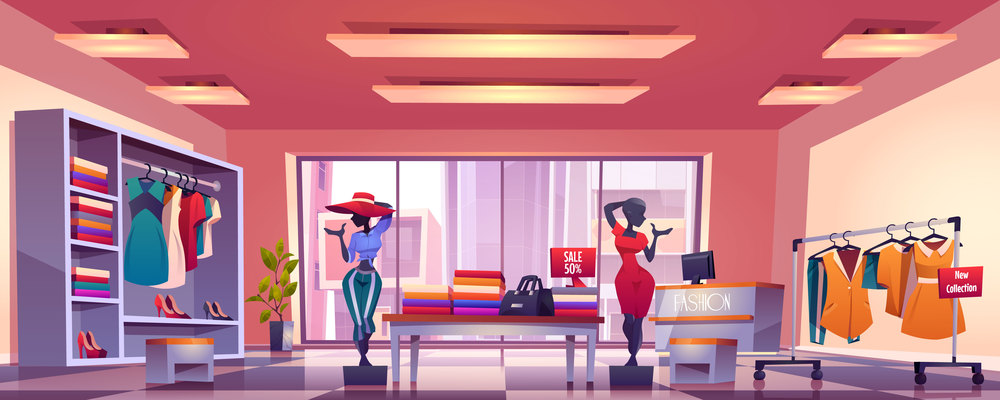 Fashion store interior with counter, mannequins, hangers and showcase with dresses and shoes. Vector cartoon illustration of boutique inside, clothes shop with discount. Fashion store interior with counter and mannequins