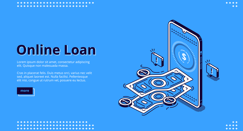 Online loan banner. Financial lending by mobile application or computer. Vector landing page of banking credit online service with isometric smartphone and money cash. Landing page of online loan with smartphone