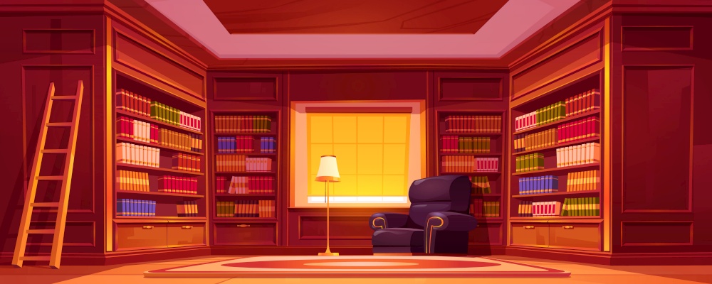 Library with bookcases, ladder, chair and lamp. Vector cartoon empty interior of old luxury library in house, store or university with wooden furniture, bookcases and armchair. Old luxury library interior with bookcases