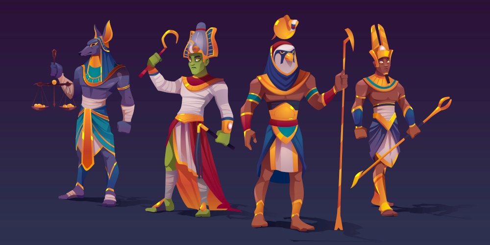 Egyptian gods Anubis, Ra, Amon and Osiris. Ancient Egypt deities characters in pharaoh clothes holding divine attributes of power as scales with golden coins and staffs, Cartoon vector illustration. Egyptian gods Anubis, Ra, Amon, Osiris characters
