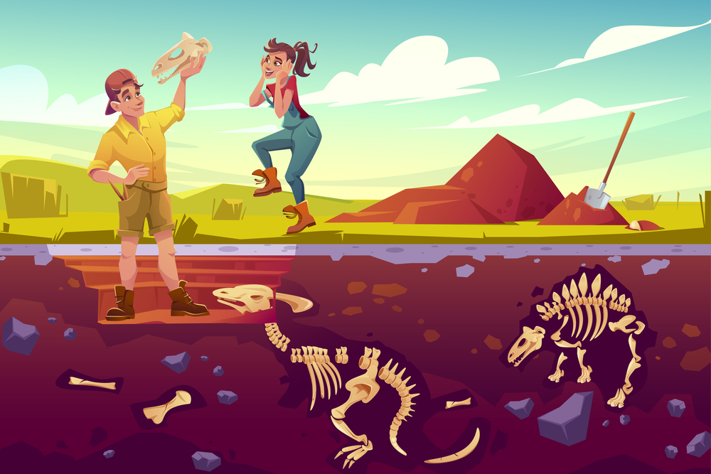 Archaeologists, paleontologist rejoice for exploring artifact dinosaurs skull, scientists working on excavations digging soil layers studying dino fossil skeletons bones, cartoon vector illustration. Archaeology scientists working on excavations