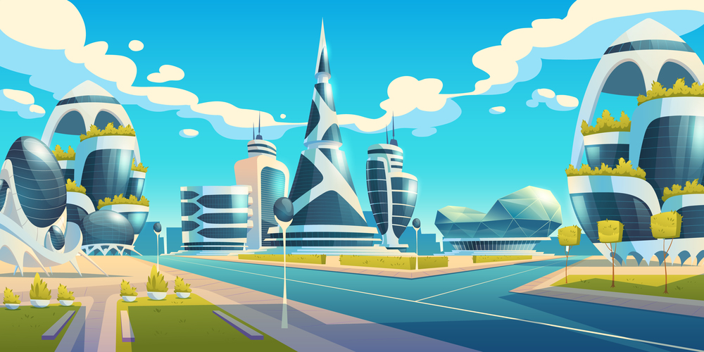 Future city, futuristic glass buildings of unusual shapes and green plants along empty road. Modern architecture towers and skyscrapers. Alien urban dwellings design, Cartoon vector illustration. Future city futuristic buildings with glass facade