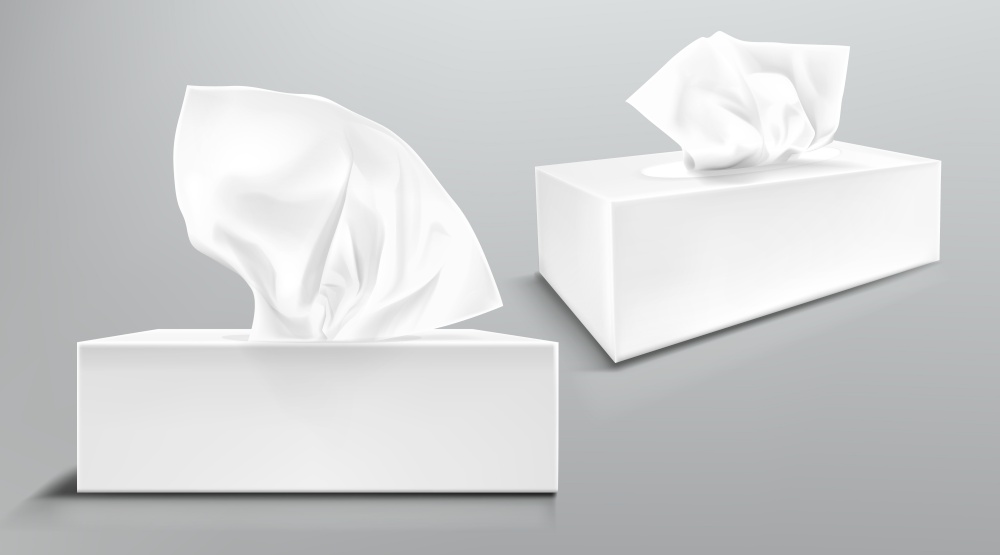 Box with white paper napkins front and angle view. Vector realistic mockup of blank cardboard package with facial tissues or handkerchiefs isolated on gray background. Box with white paper napkins, facial tissues