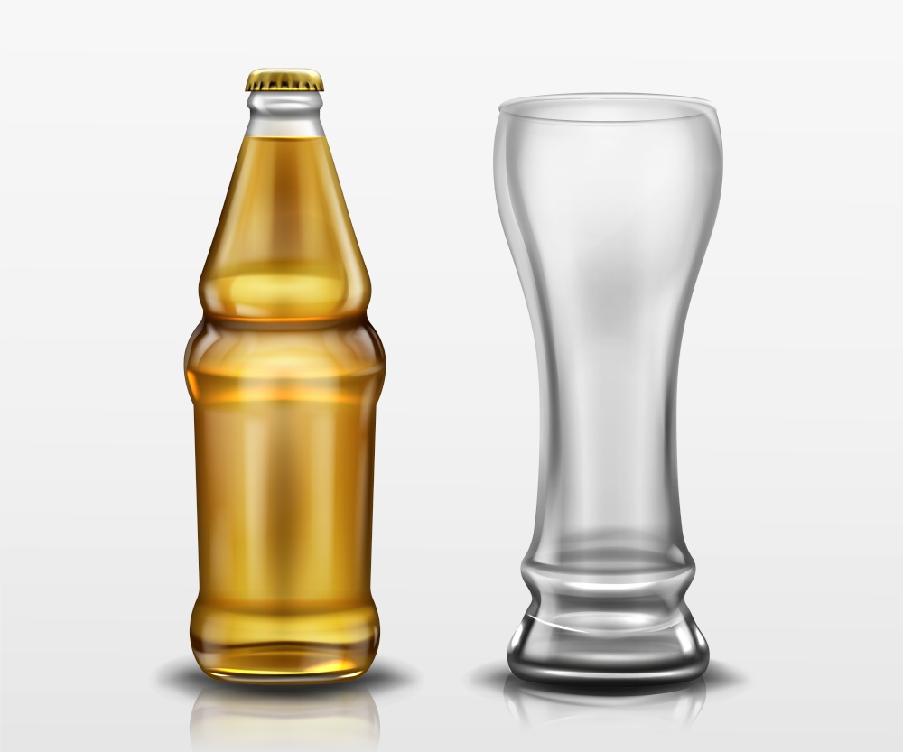 Clear bottle with beer and empty tall glass. Vector realistic mockup of blank lager or craft beer bottle with yellow cap and mug. Template of alcohol beverage design. Clear bottle with beer and empty tall glass