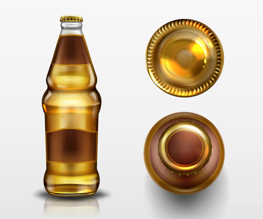 Beer bottle top and bottom view, alcohol drink in blank glass flask with closed metal cork and liquid isolated on white background, design elements for advertising. Realistic 3d vector mockup, icons. Beer bottle top and bottom view, alcohol drink