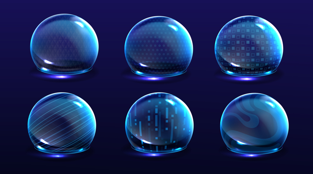 Force shield bubbles, energy glowing spheres or defense dome fields. Science fiction various deflector elements, firewall absolute protection isolated on blue background, Realistic 3d vector set. Force shield bubbles, various energy glow spheres