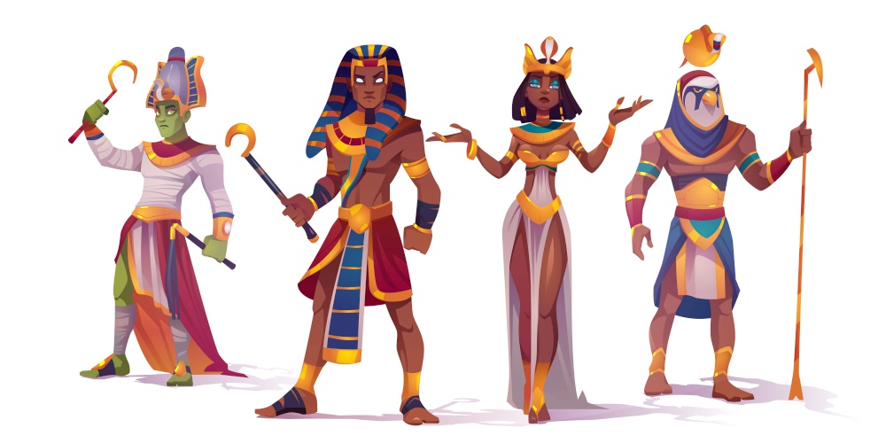 Ancient Egyptian god Amun, Osiris, Pharaoh and Cleopatra. Vector cartoon characters of Egypt mythology, king and queen, god with falcon head, Horus and Amon Ra. Egyptian god Amun, Osiris, Pharaoh and Cleopatra