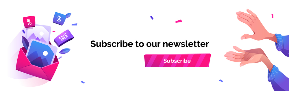 Subscribe to our newsletter cartoon banner, email news subscription, blog update messages submit with applauding human hands, confetti and envelope with pictures and sale icons. Vector illustration. Subscribe to our newsletter cartoon banner, news
