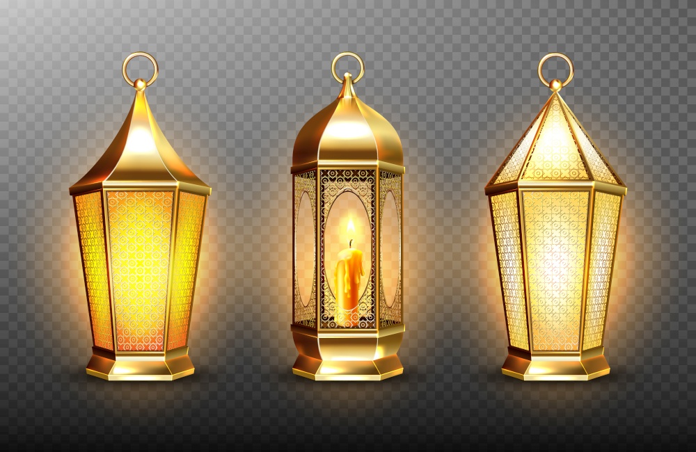 Vintage gold arabic lanterns with glowing candles. Vector realistic set of hanging luminous lamps with golden arabian ornament. Islamic shining fanous isolated on transparent background. Vintage gold arabic lanterns with glowing candles