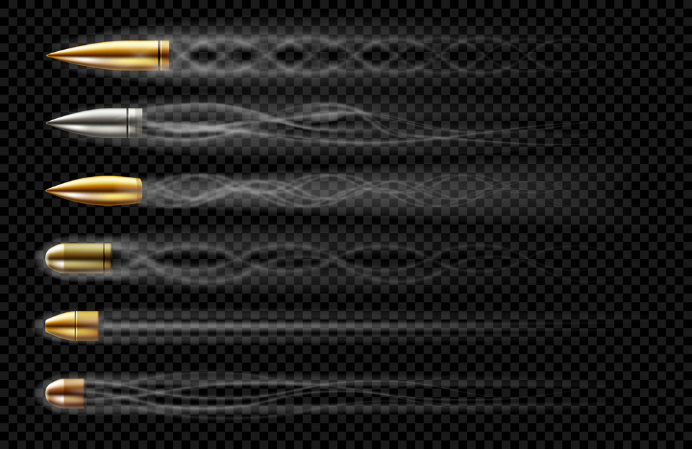 Flying bullets with smoke traces from gun shot. Vector realistic set of bullets different calibers fired from weapon, revolver or pistol with smoke trail isolated on transparent background. Flying bullets with smoke traces from gun shot