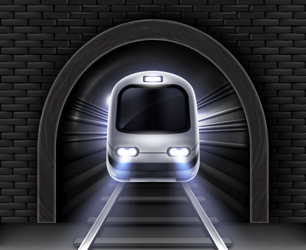 Modern subway train in tunnel. Vector realistic illustration of front wagon of passenger speed train, stone arch in brick wall and rails. Underground electric railway transport. Vector realistic modern subway train in tunnel