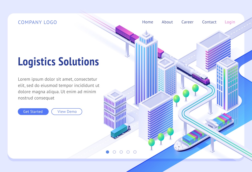 Logistics solutions isometric landing page. Transport delivery company service, cargo import and export by ship, truck or train. Land and river goods city transportation business, 3d vector web banner. Logistics solutions isometric landing page, banner