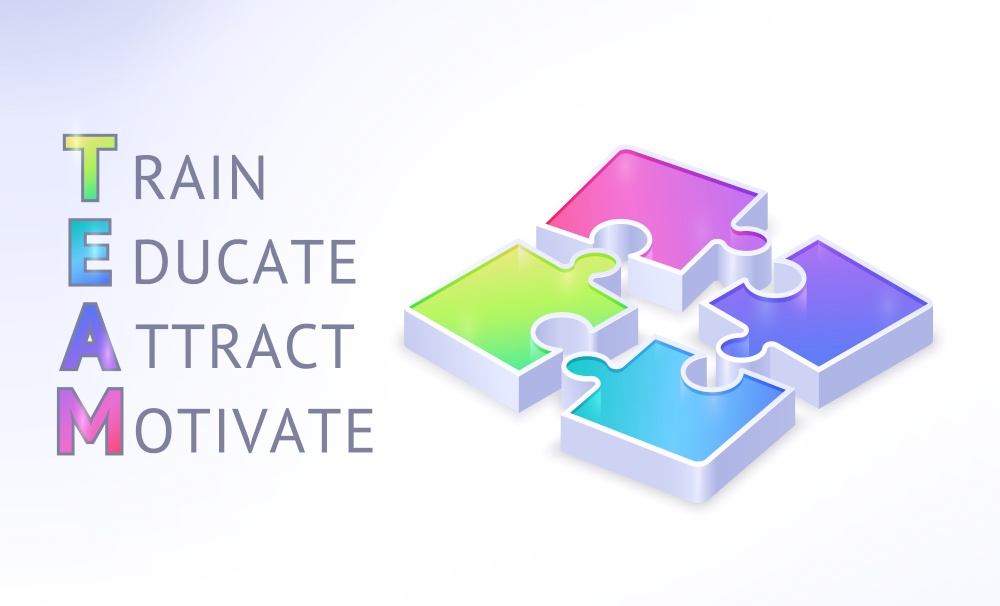 Team isometric banner with puzzle pieces and abbreviation of words Train, Educate, Attract, Motivate. Teamwork cooperation, business partnership, connection. Realistic 3d vector illustration, poster. Team work isometric banner with puzzle pieces