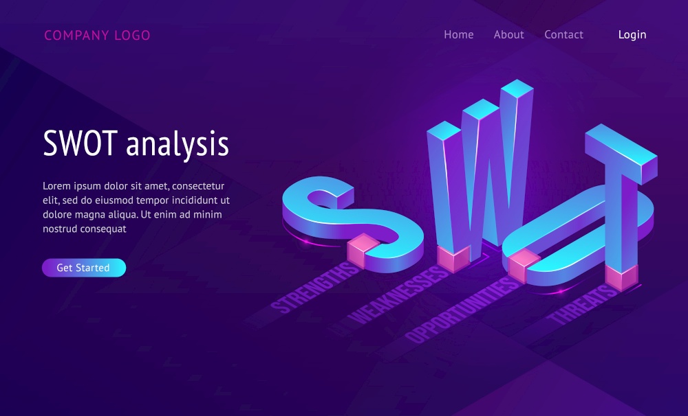 Swot isometric landing page with abbreviation of words Analysis, Strengths, Weaknesses, Opportunities, Threats. Business Concept, 3d Letters Standing and Lying on Purple Background, Vector web banner. Swot isometric landing page with abbreviation
