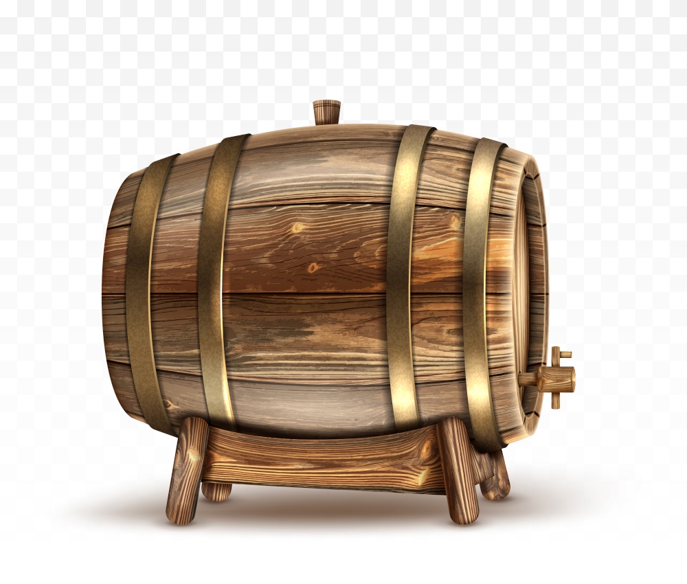 Wooden barrel for wine, beer or whiskey. Realistic cask from oak wood with copper or iron rings, stopper and tap, keg for rum or cognac isolated on transparent background, realistic 3d vector clipart. Wooden barrel for wine or beer or whiskey clipart