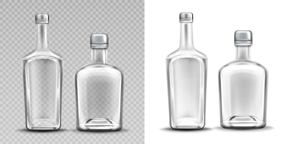 Two empty glass bottles for alcohol. Vector set of realistic clear whiskey, gin, tequila or brandy bottles with metal caps isolated on transparent and white background. Two empty glass bottles for alcohol, whiskey