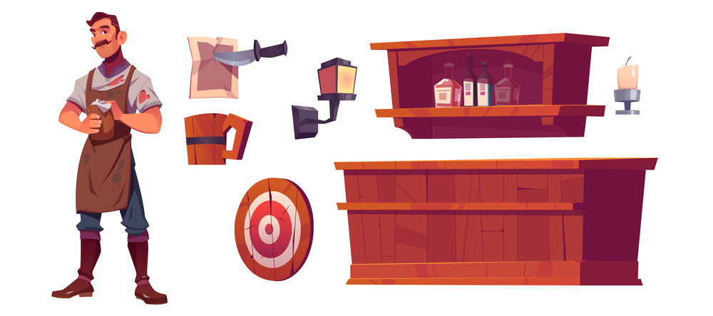 Bartender and old tavern interior with wooden bar counter, shelf with bottles, lantern and beer mug. Vector cartoon man waiter in vintage saloon, darts target and paper pinned by knife. Bartender and old tavern interior set